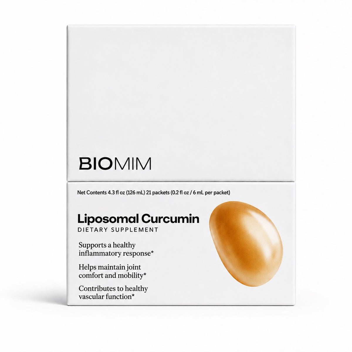 Biomim RESTORE Liposomal Curcumin dietary supplement box with 21 liquid packets, featuring white packaging and an amber-colored droplet.