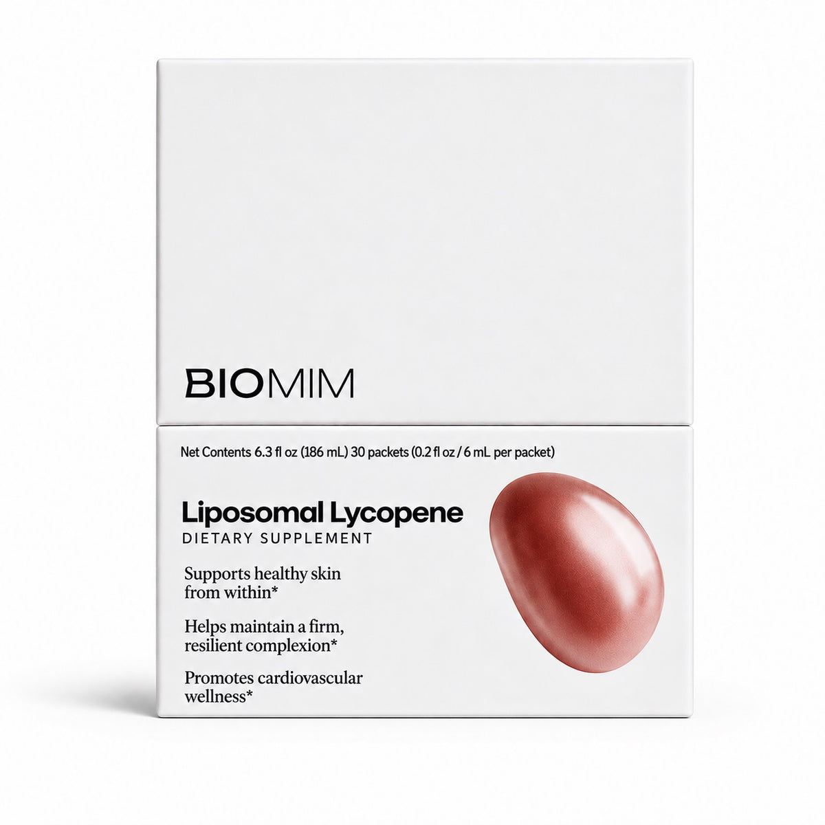 Biomim DEFEND Liposomal Lycopene dietary supplement box with 21 liquid packets, featuring white packaging and a red lycopene droplet.