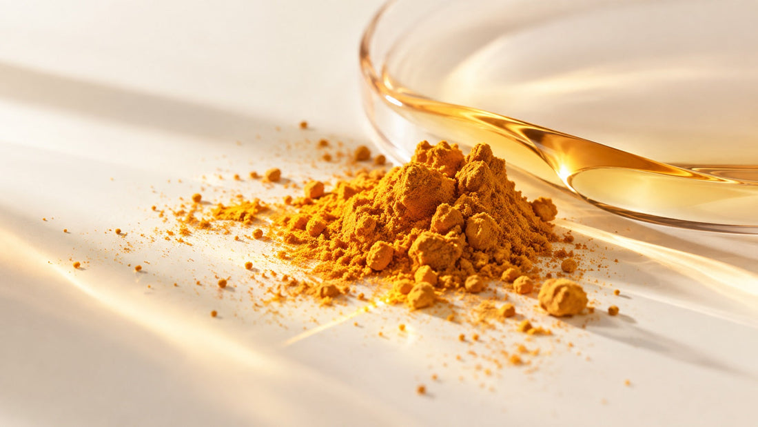 Curcumin turmeric powder with golden liquid on an ivory background