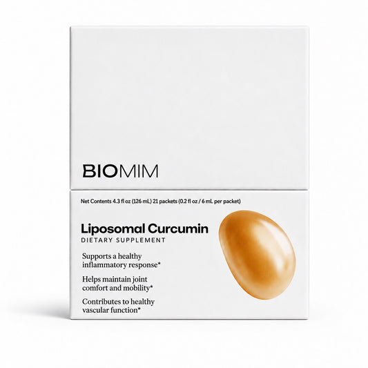Biomim RESTORE Liposomal Curcumin dietary supplement box with 21 liquid packets, featuring white packaging and an amber-colored droplet.
